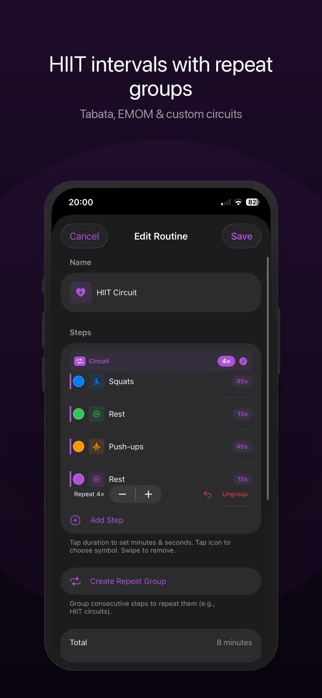 A HIIT routine in Rouse with repeat groups and round announcements