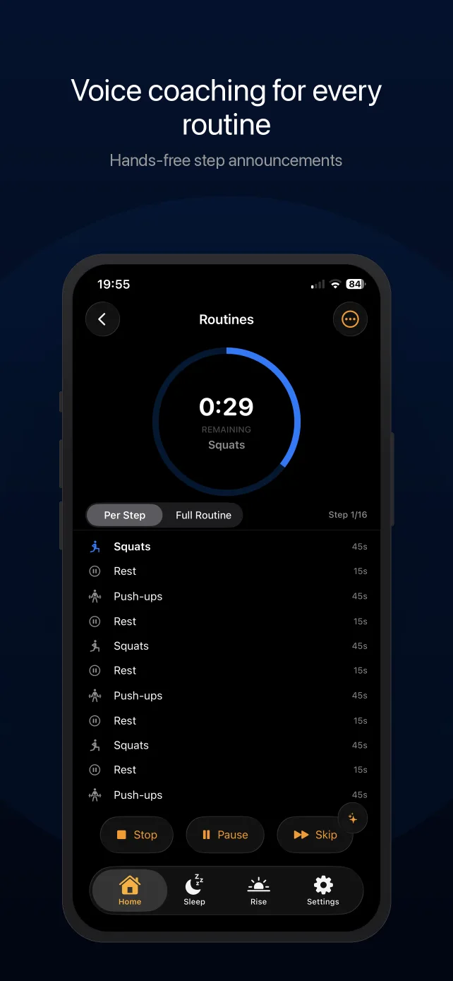 An active Rouse routine with voice coaching and a step countdown